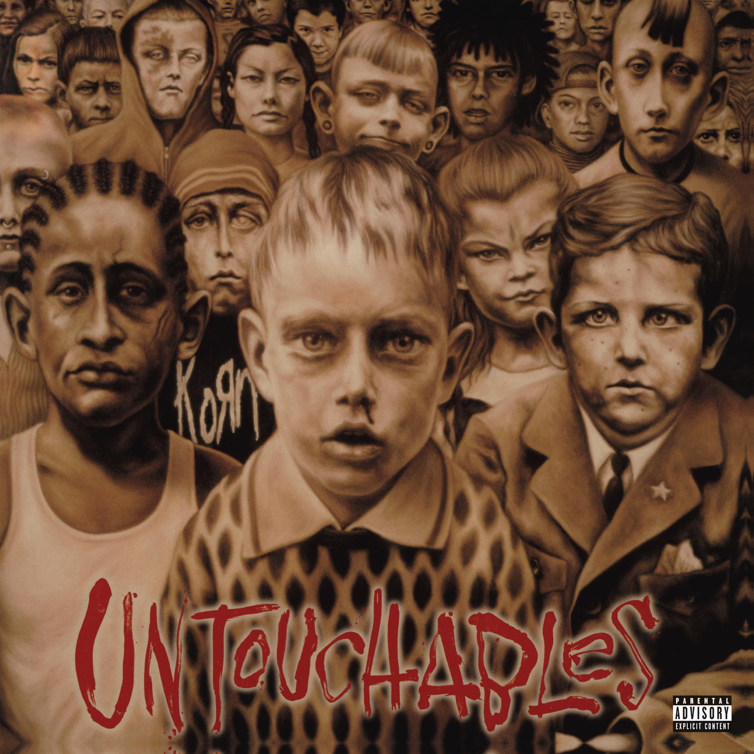 Albumcover mit vielen jungen Gesichtern. Das Wort 'Untouchables' in Rot unten. Die Band Korn.