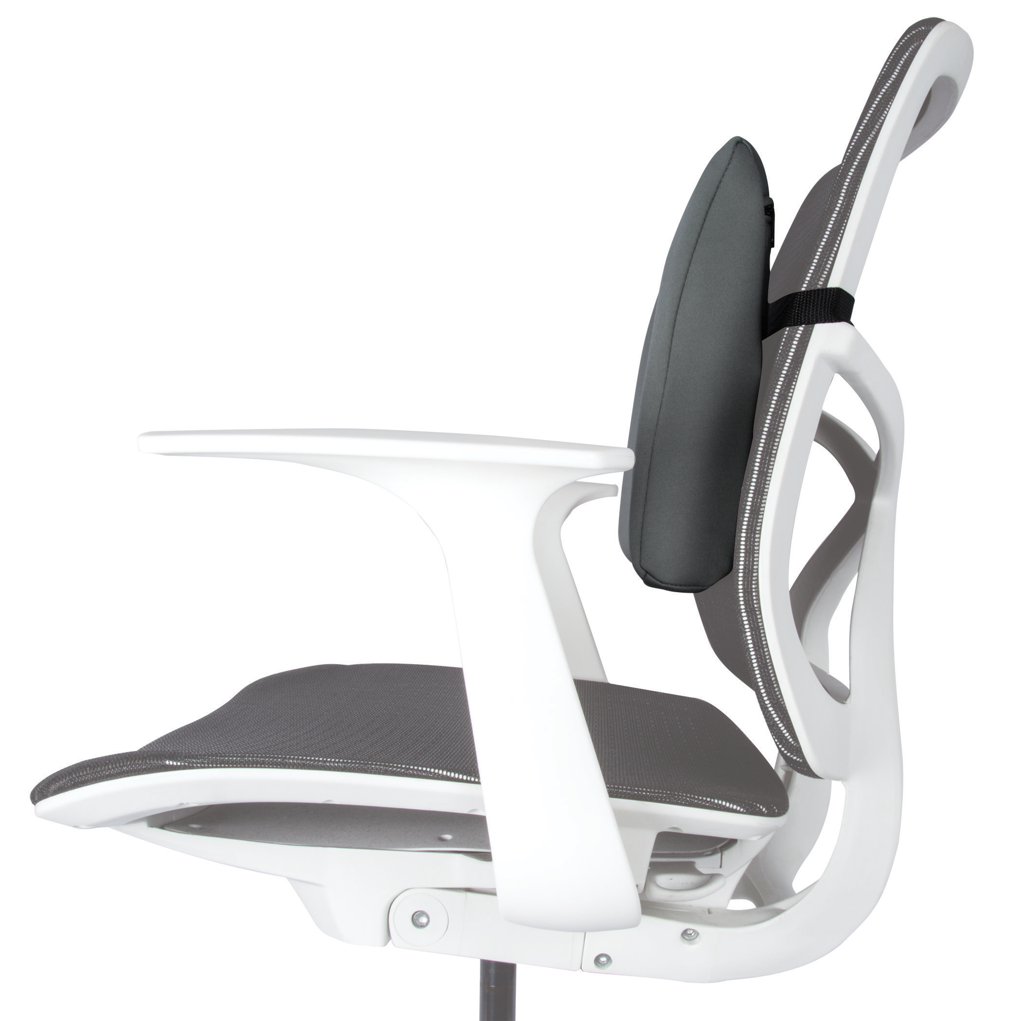 Office chair, side view. White frame, gray seat and back, and a gray lumbar support. Isolated on white background.