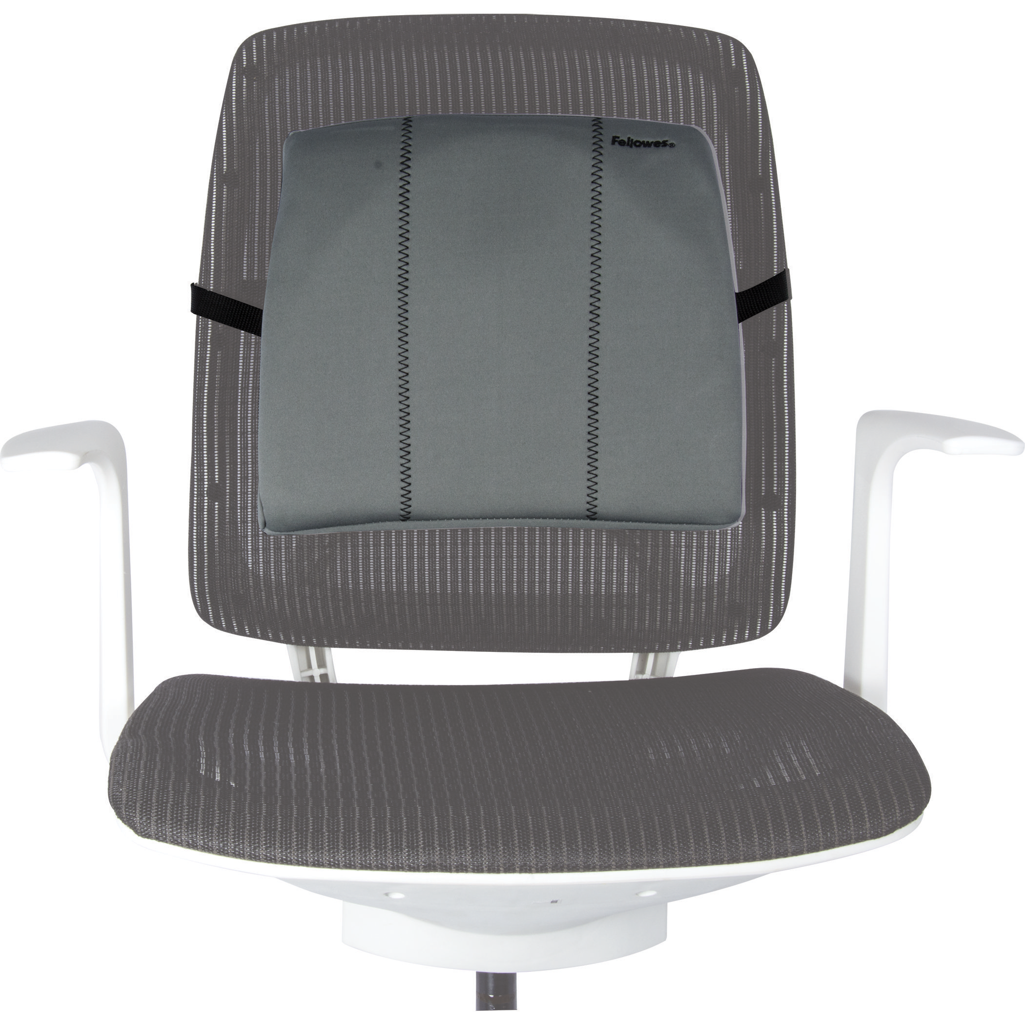 A gray office chair with a back support pillow. White armrests and a five-star base are visible.