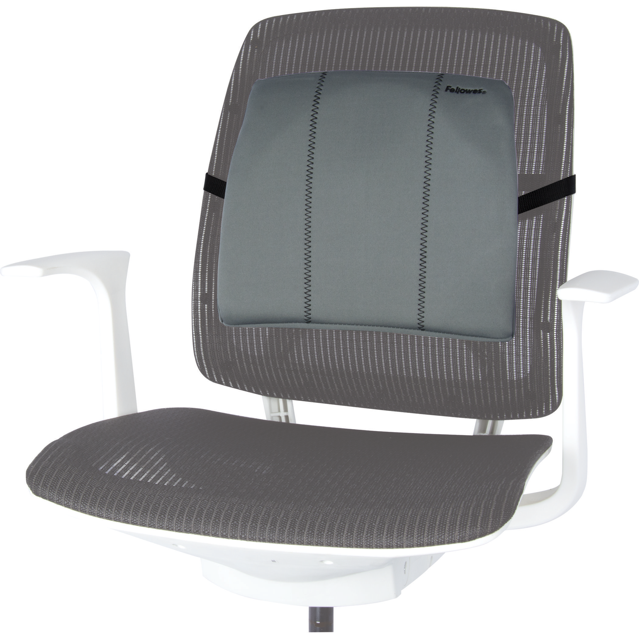 A grey office chair with a back support cushion. The chair has white armrests and a mesh back and seat.