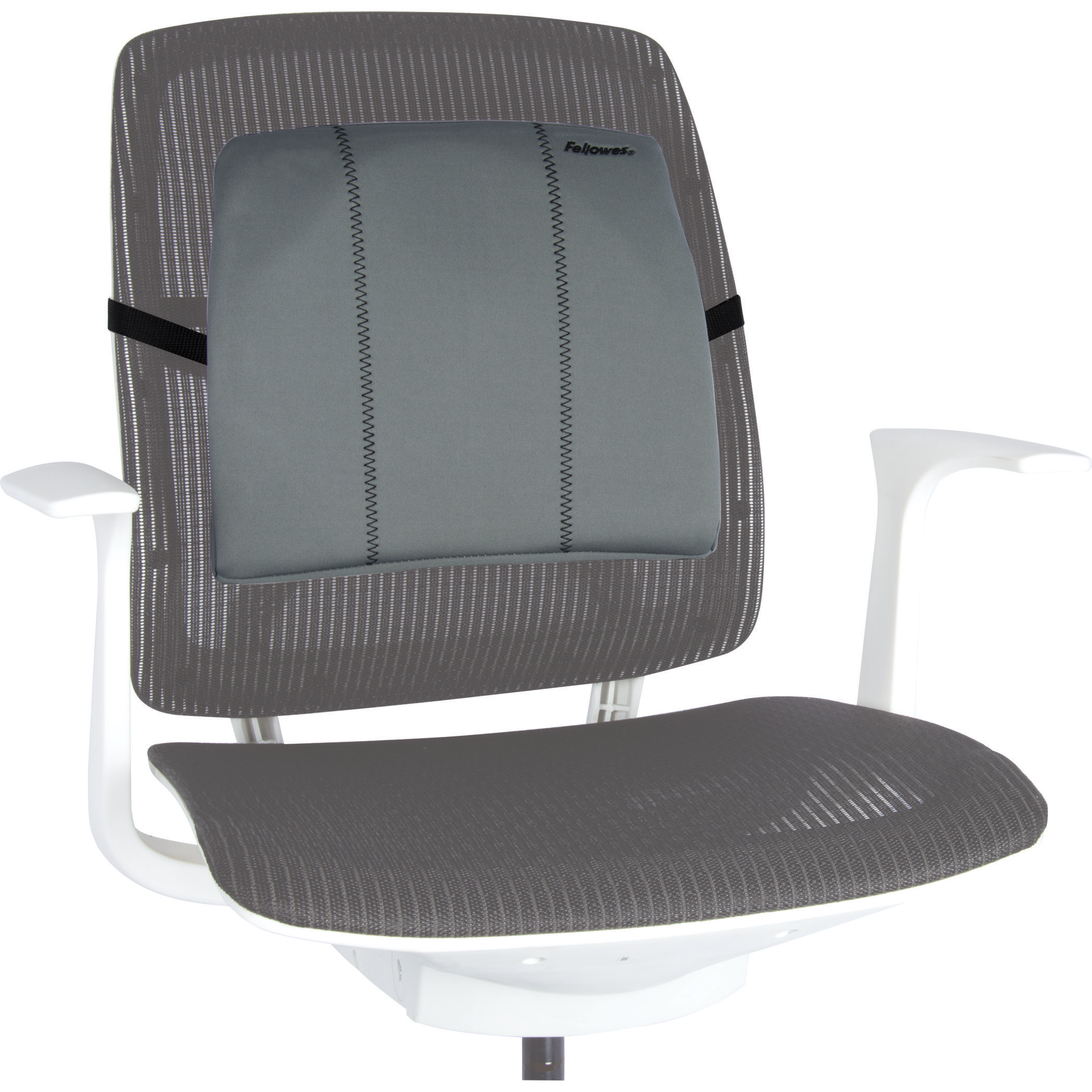 A gray mesh office chair with a lumbar support pillow attached. The pillow has the Fellowes logo.