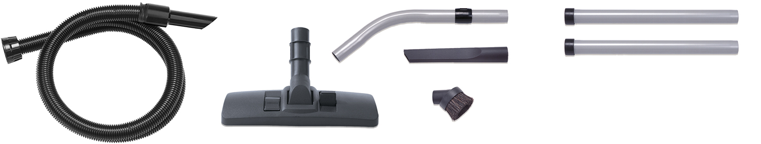 Vacuum cleaner attachments. Black hose, brush, and tubes on white background.