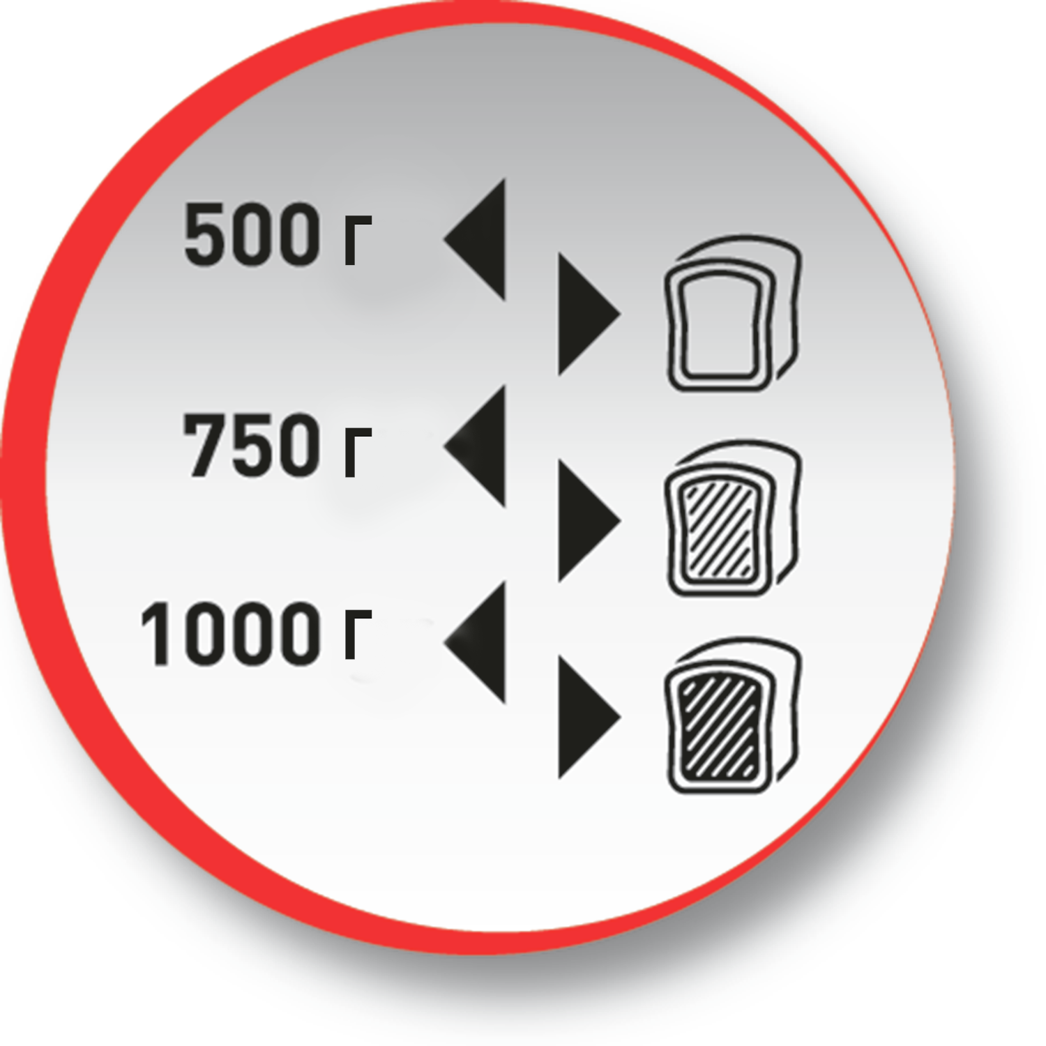 Diagram met broodgrootte opties: 500g, 750g en 1000g, met illustraties van brood.