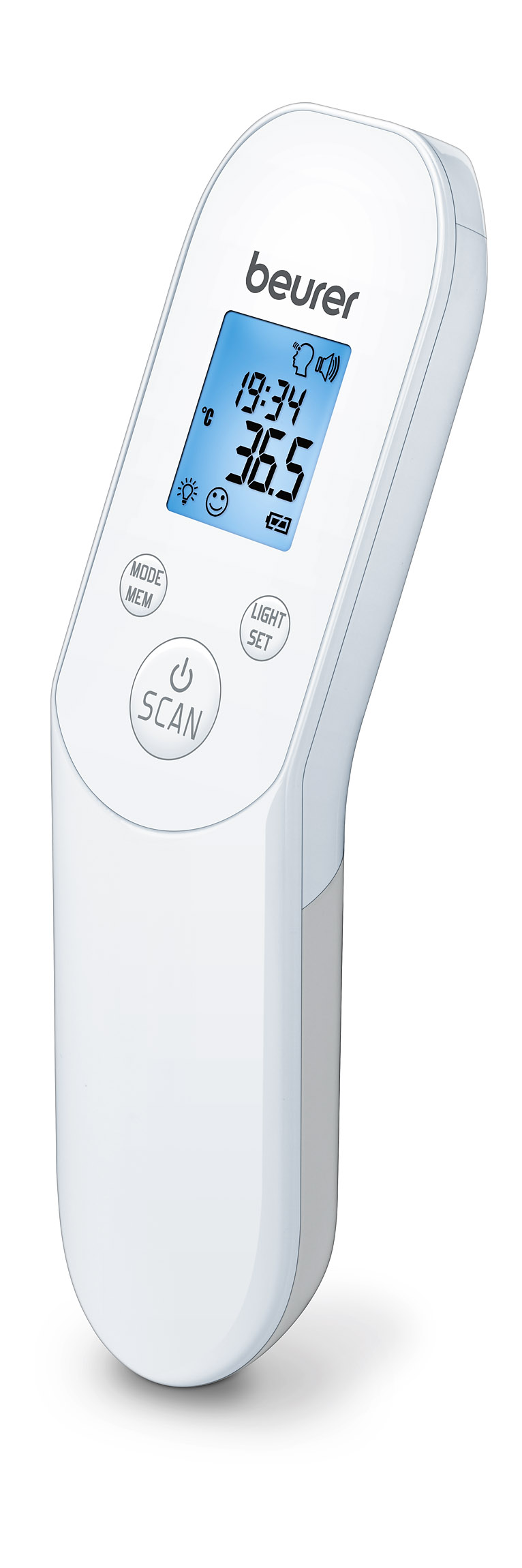 Weißes digitales Thermometer mit blauem Display, das die Temperatur anzeigt.