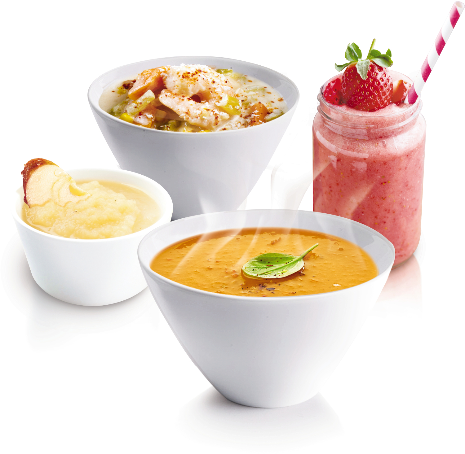 Four bowls of food: soup, smoothie with straw, and two other soups. White background.