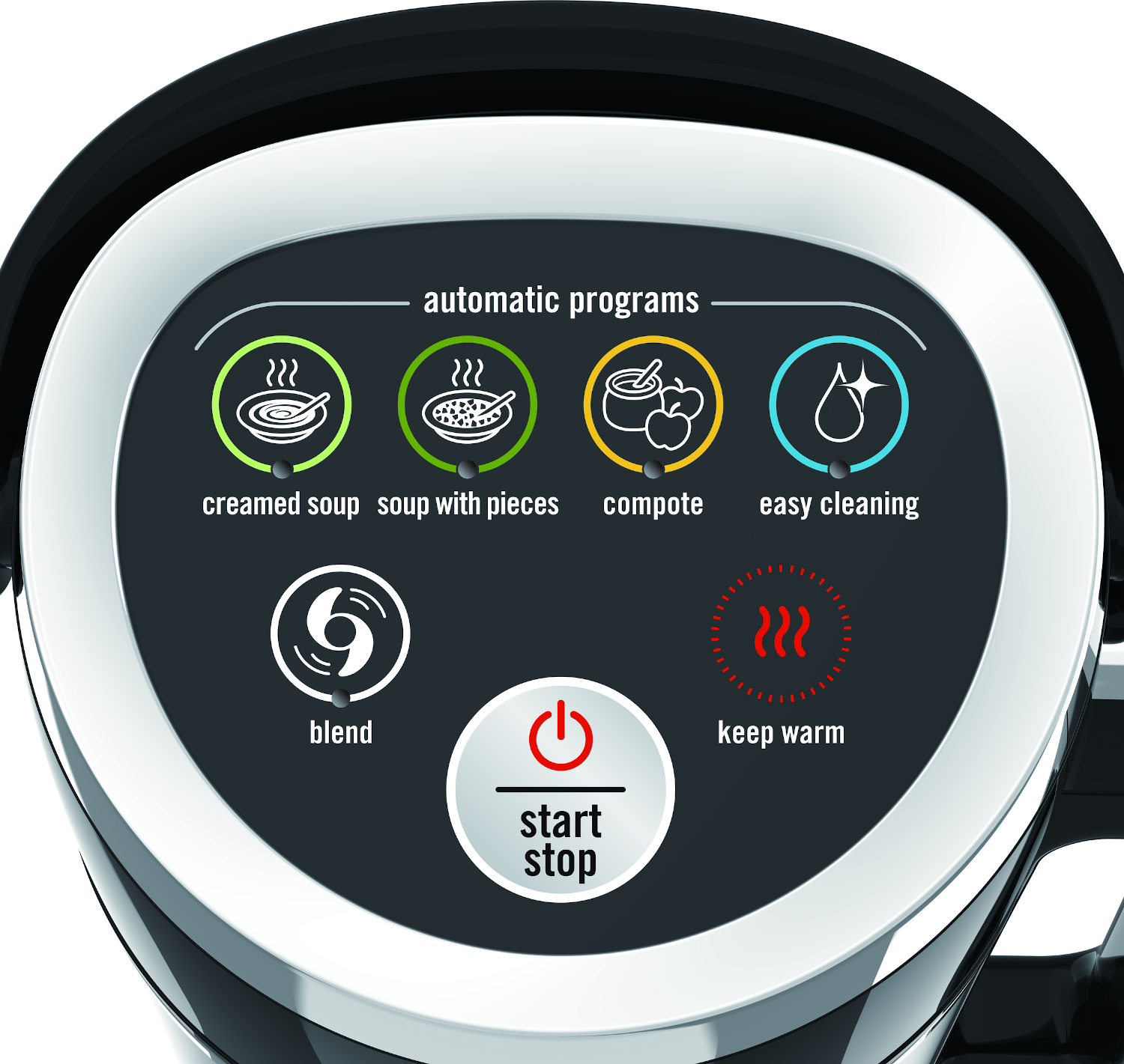 Close-up of a black blender control panel with several icons and a start/stop button.