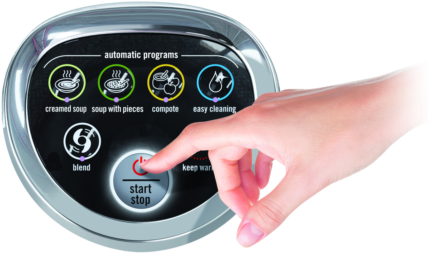 Woman's hand pressing a start button on a kitchen appliance.