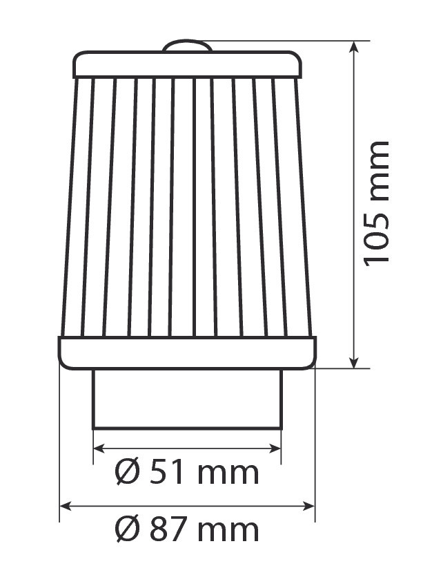 Légszűrő diagramja méretekkel, kúp alakot mutatva.