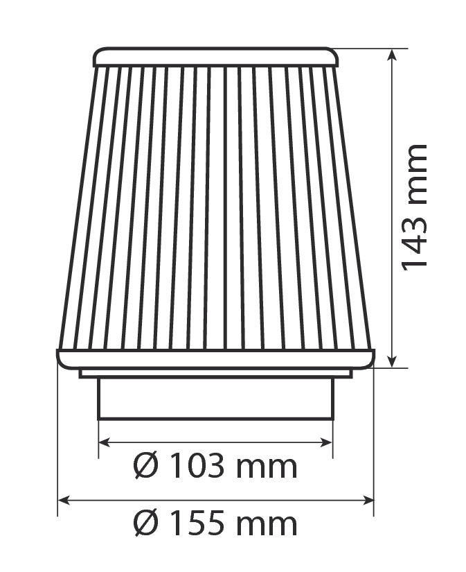 Egy légszűrő diagramja, méretekkel milliméterben.