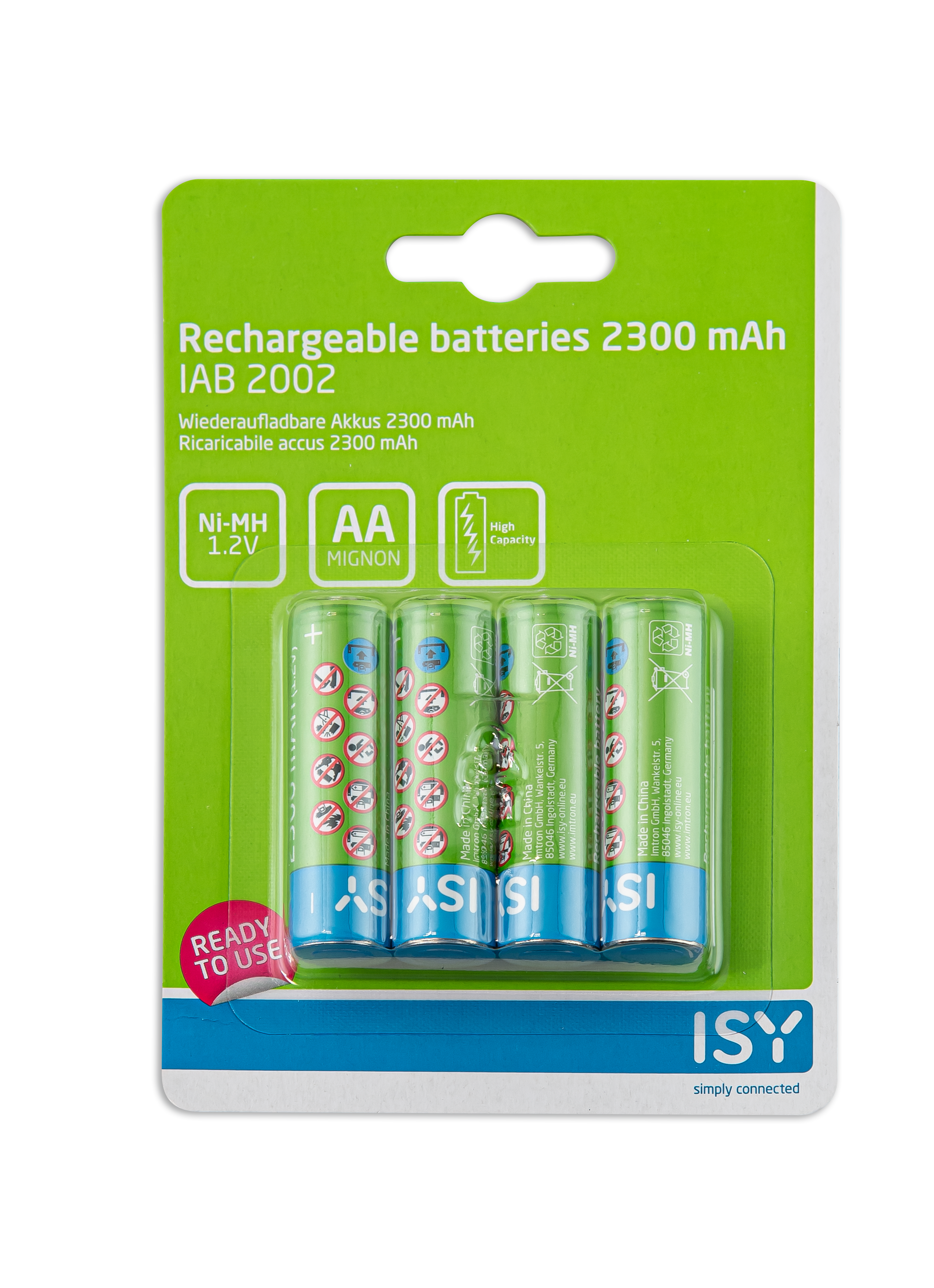 Eine Packung mit vier AA-Akkus in grüner Verpackung.