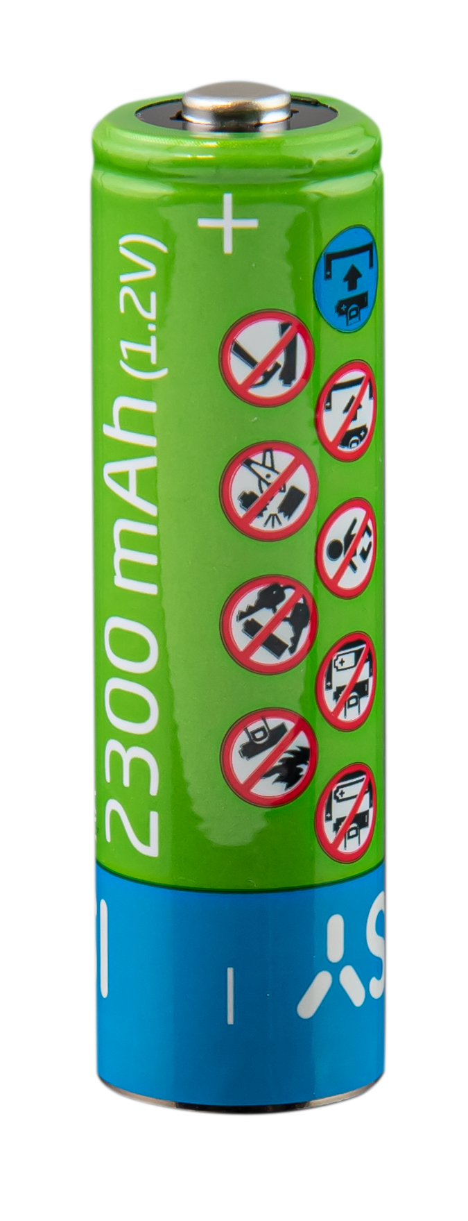 Grüne AA-Akku mit 2300 mAh, blauem Boden mit Symbolen und einem Pluszeichen.