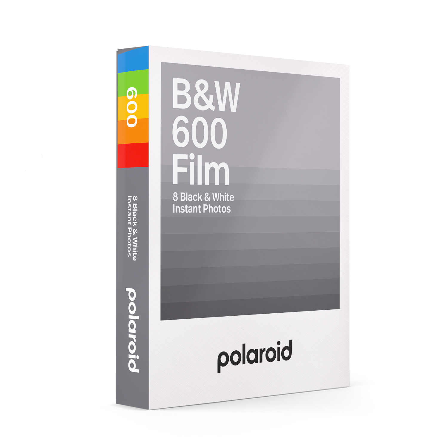 Een Polaroid-filmdoos met kleurrijke strepen aan de zijkant, met het Polaroid-logo.