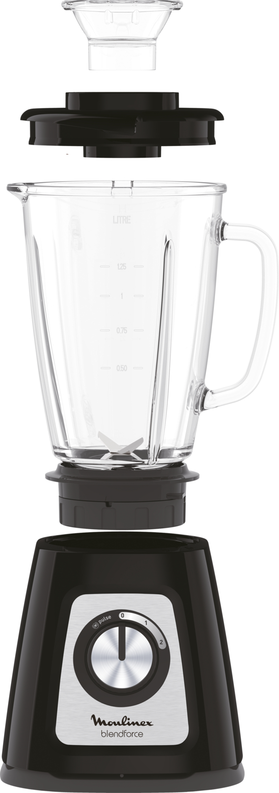 Blender parts arranged, showing components. Black base, clear jar, lid, and top.