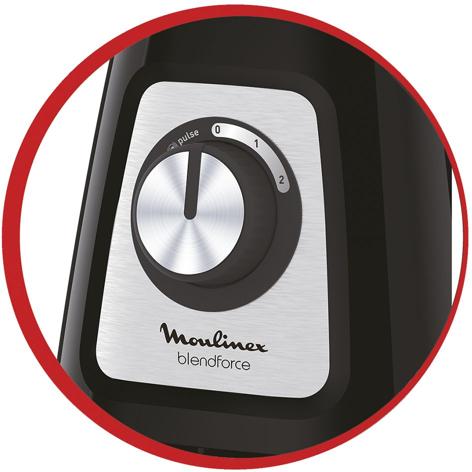 Black and silver Moulinex blender control panel, with a dial and settings.