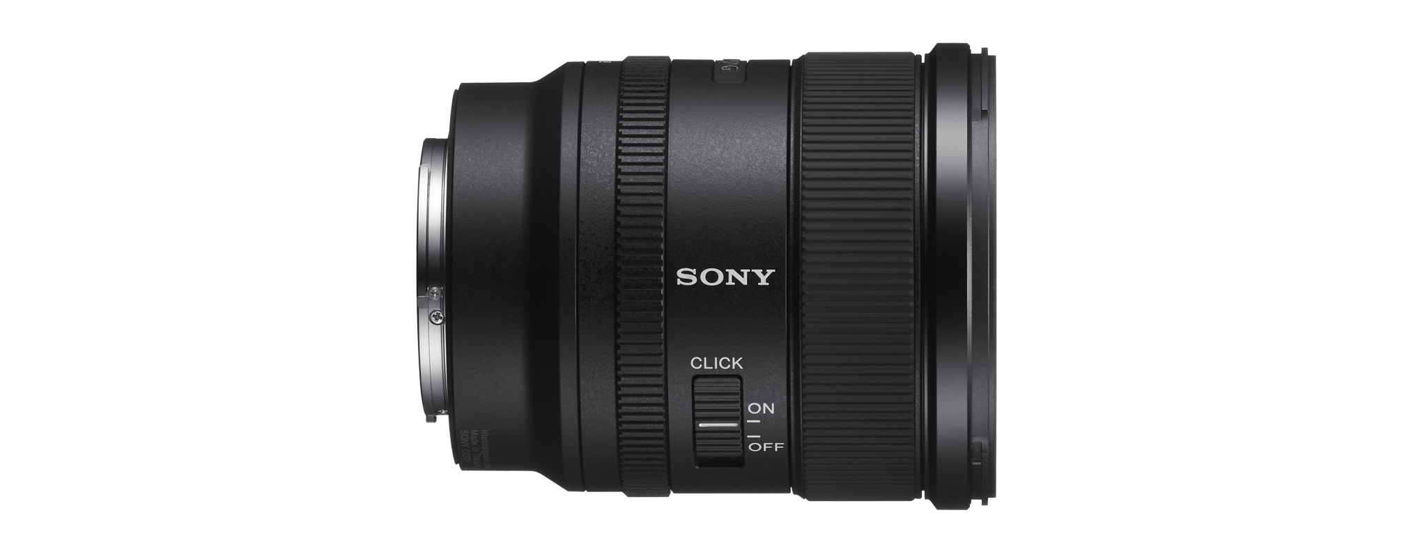 Schwarzes Sony-Kameraobjektiv. 'SONY' sichtbar. 'CLICK'- und 'ON/OFF'-Schalter an der Seite.
