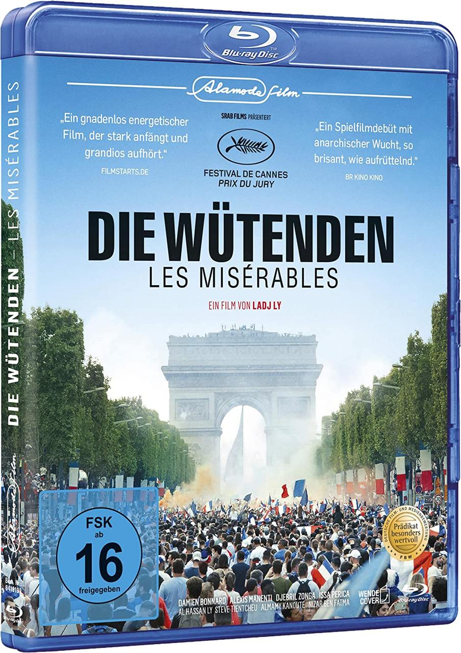 Blu-ray-Cover für 'Die Wütenden - Les Misérables' mit Arc de Triomphe & Menschenmenge.