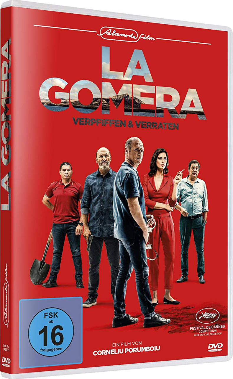 DVD-Cover mit Filmposter, eine Gruppe von Leuten, roter Hintergrund, Filmtitel La Gomera.
