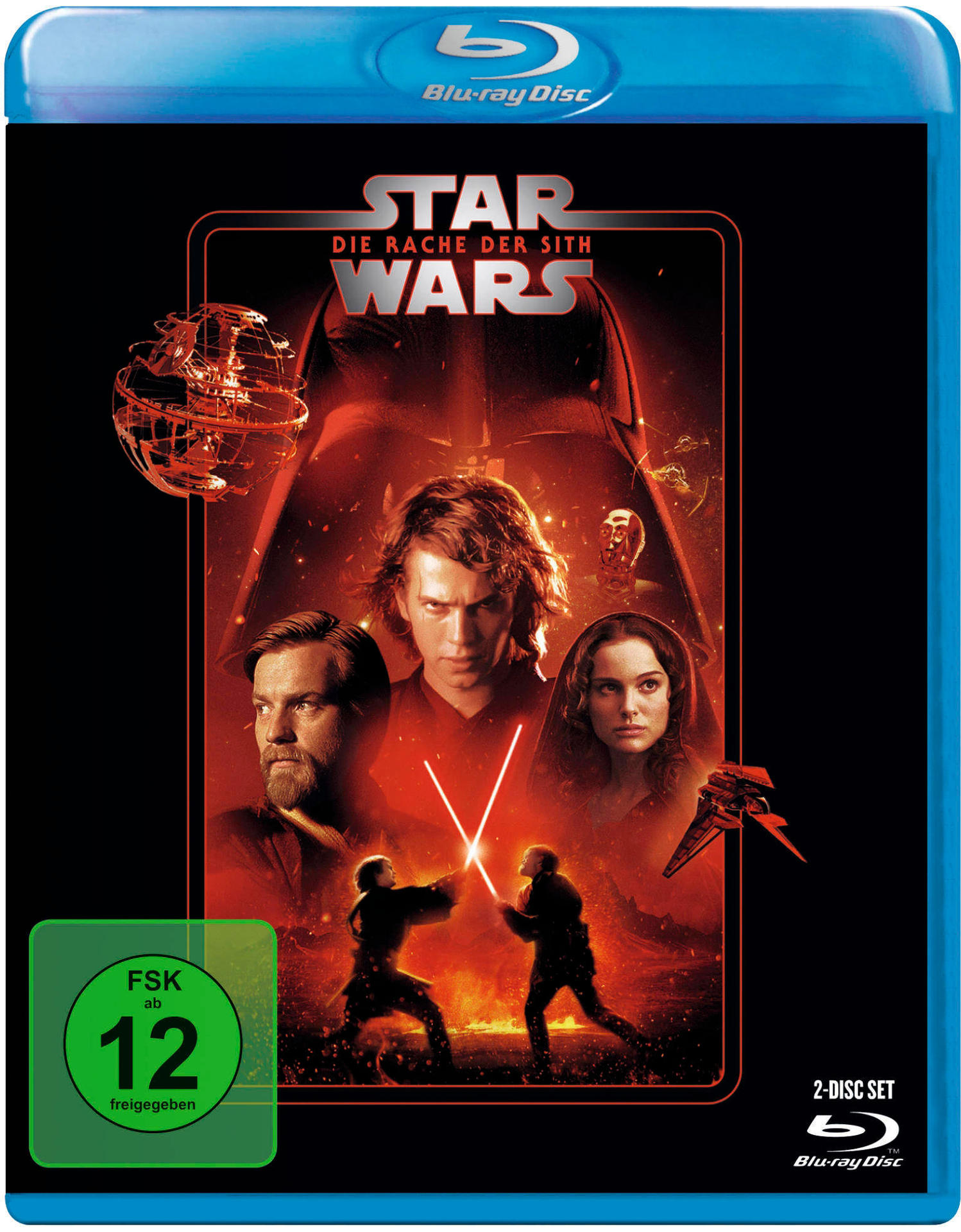 Star Wars Blu-ray Cover: Anakin, Obi-Wan und Padmé, mit Lichtschwertern.