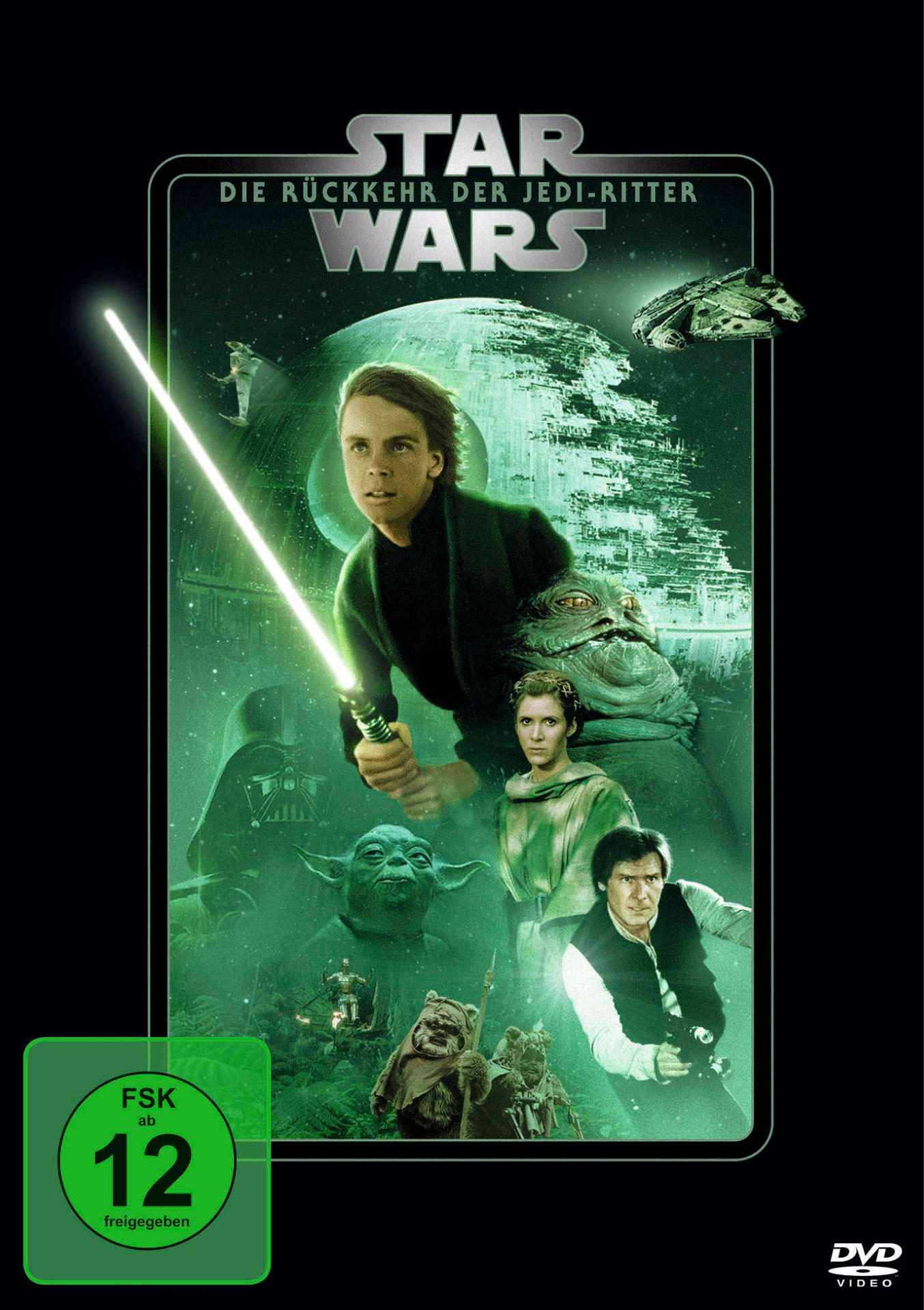 Star Wars Filmplakat. Luke Skywalker mit einem Lichtschwert. Yoda, Darth Vader und andere Charaktere.
