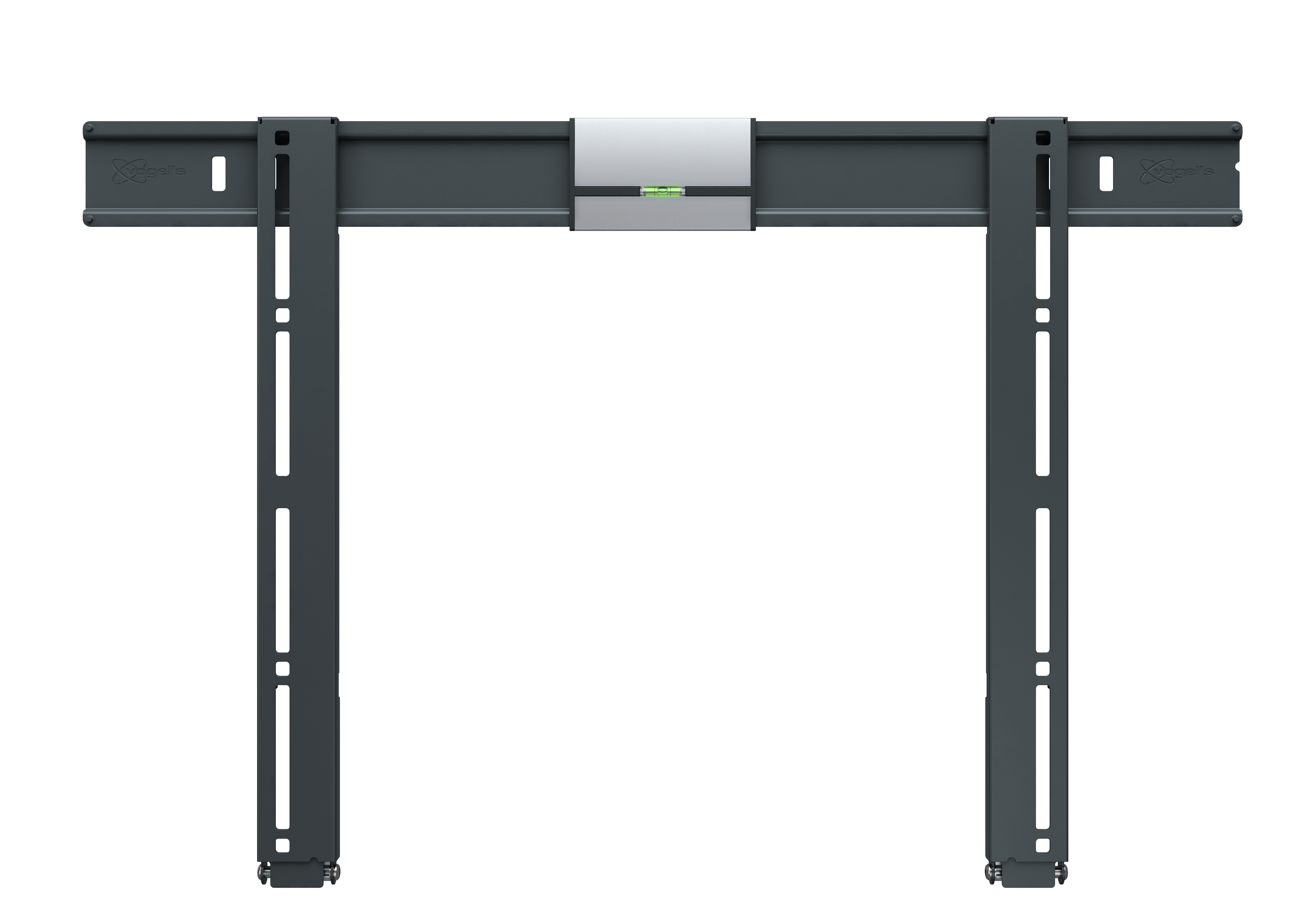 Schwarze TV-Wandhalterung mit Metallstruktur und Wasserwaage in der Mitte.