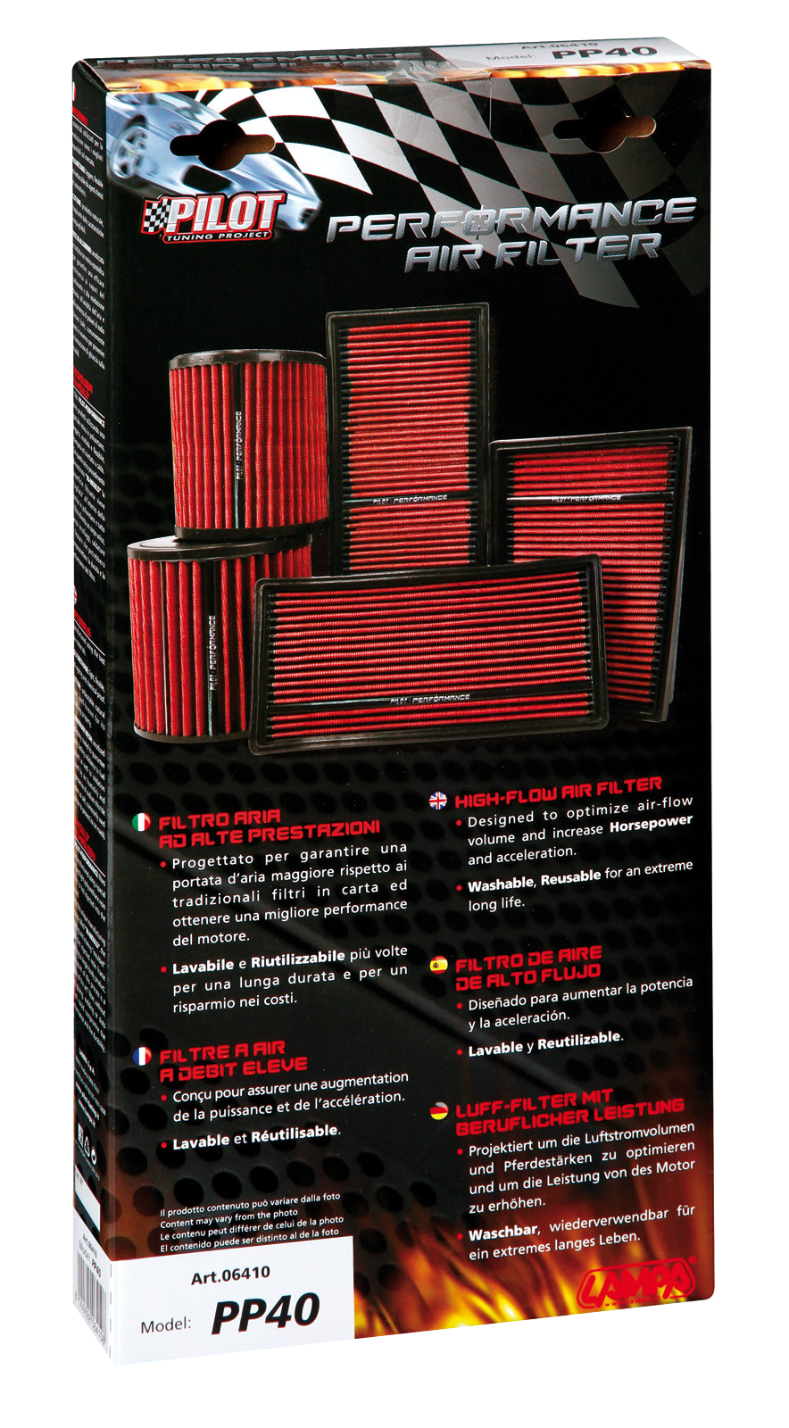 Levegőszűrők egy dobozban. Piros szűrők. Szöveg: High-Flow Air Filter, több lóerőhöz.