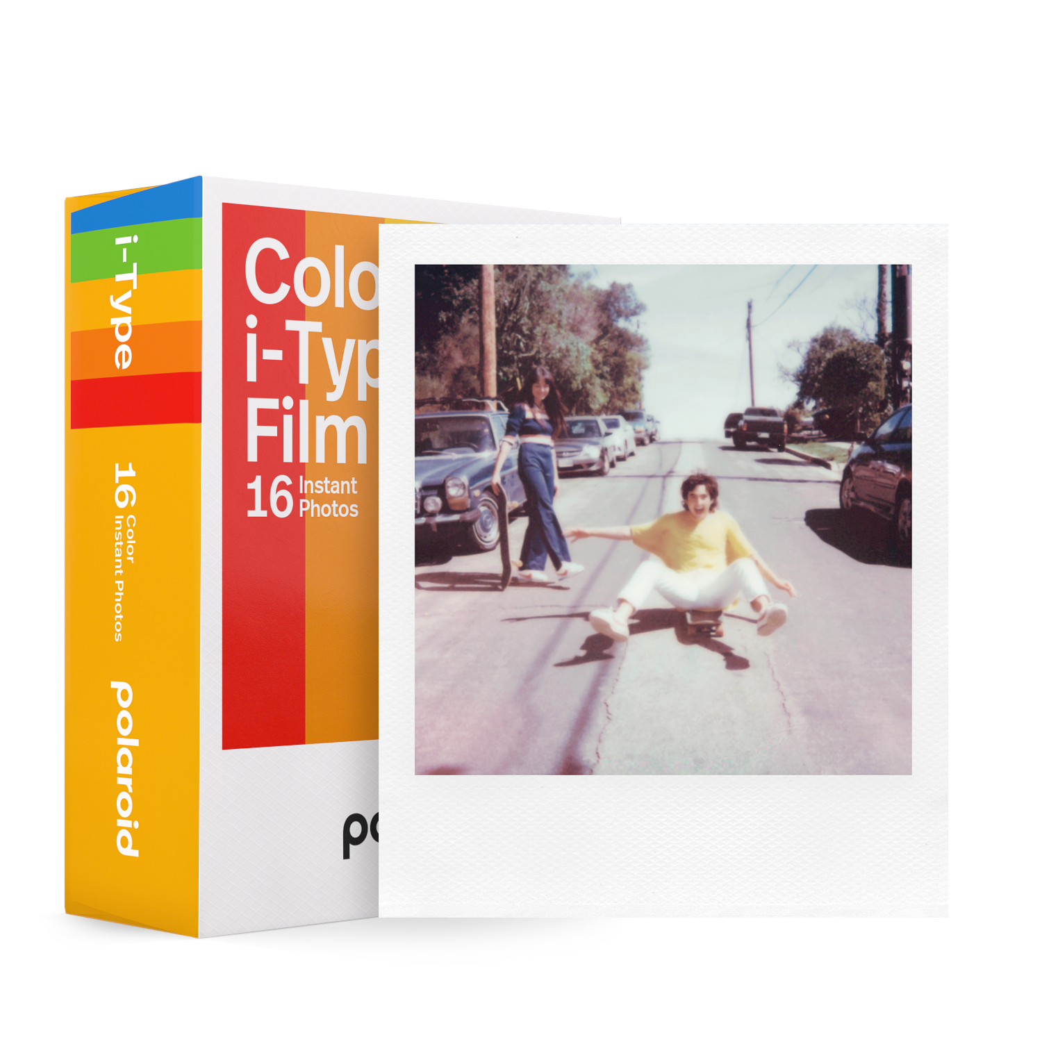 Boîte de film Polaroid i-Type et une photo. Une personne tombe d'un skateboard.