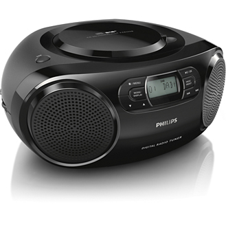 Zwarte Philips radio/cd-speler met luidsprekers, display en knoppen.