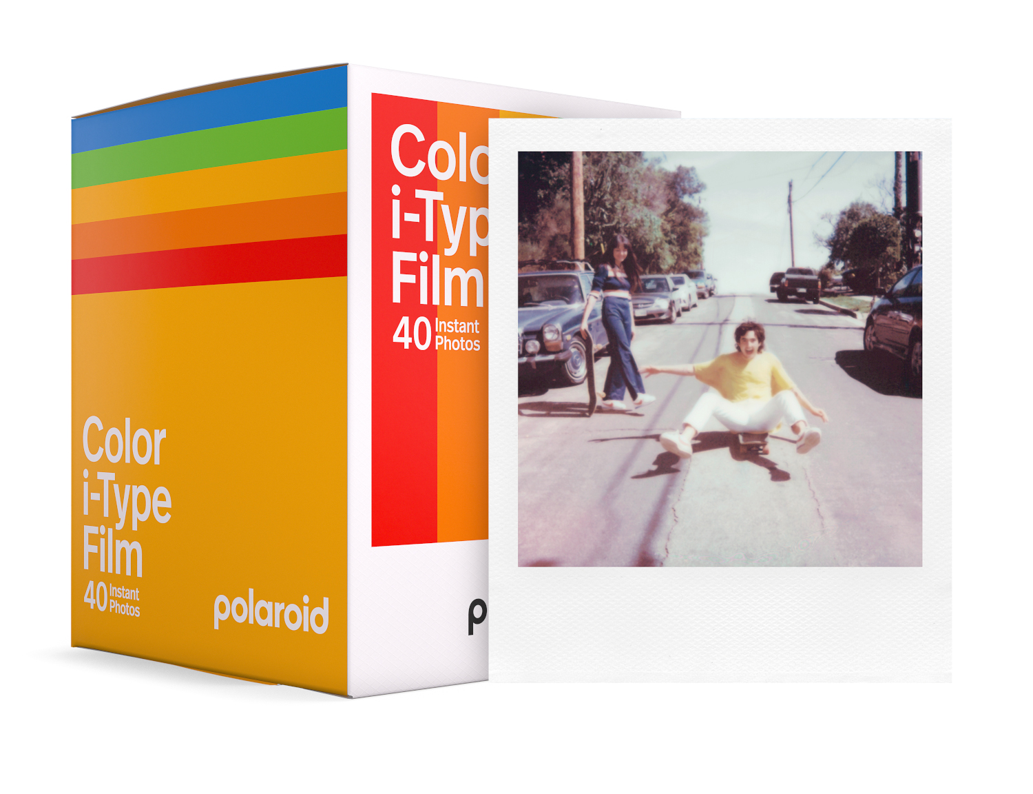 Polaroid camera filmdoos. Een persoon skate in een instant foto. De doos is geel.