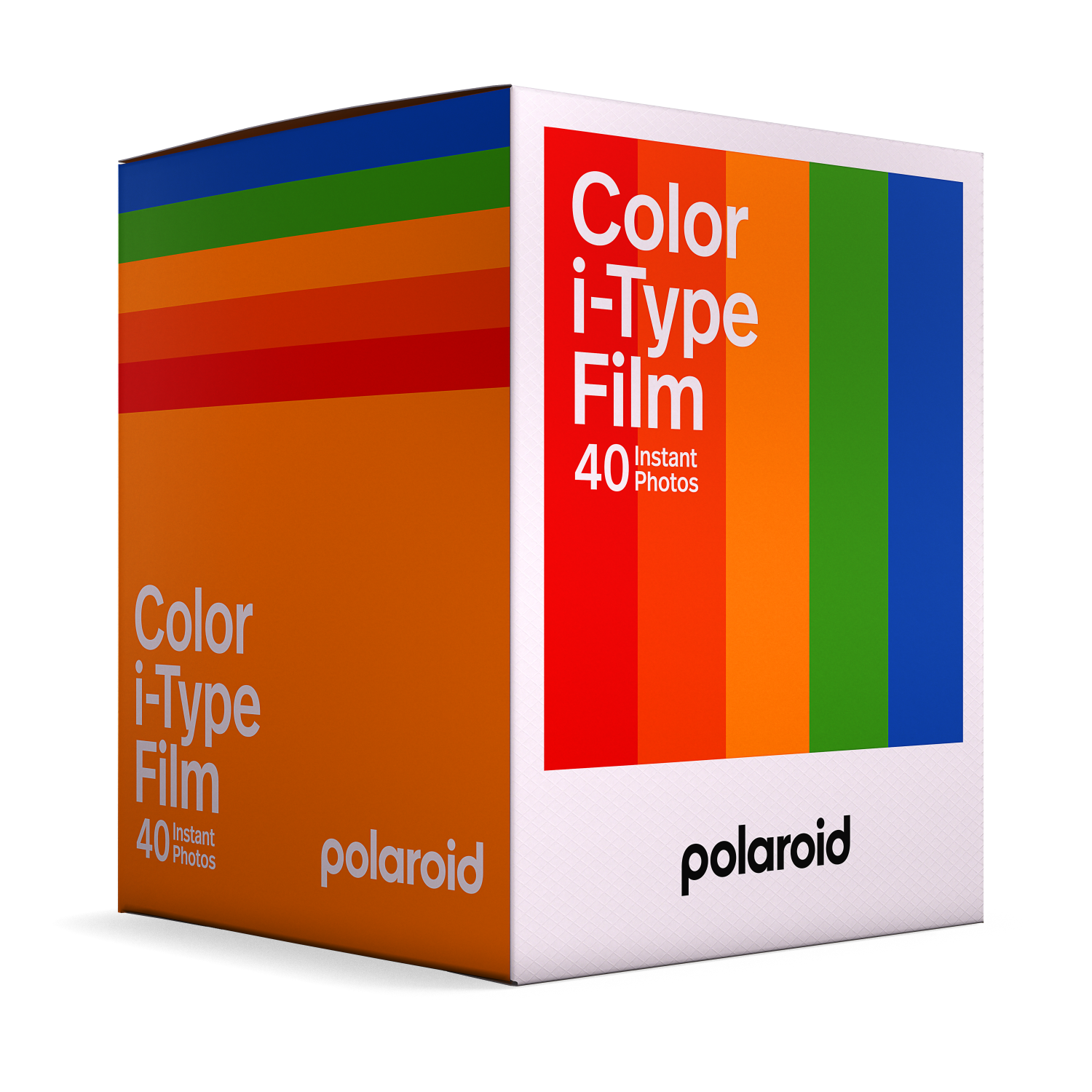Doosje Polaroid Color i-Type Film met een kleurrijk regenboogontwerp.