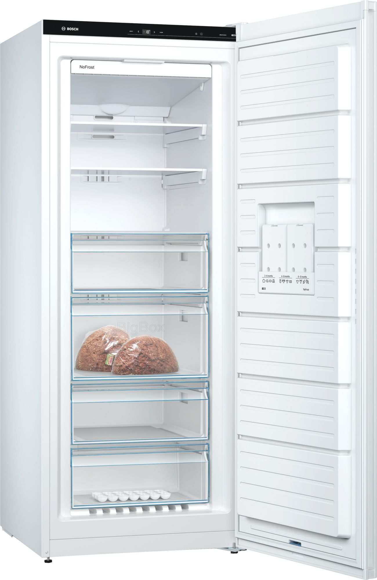 Weißer Bosch-Gefrierschrank mit offener Tür, zeigt Regale und Schubladen mit Essen.