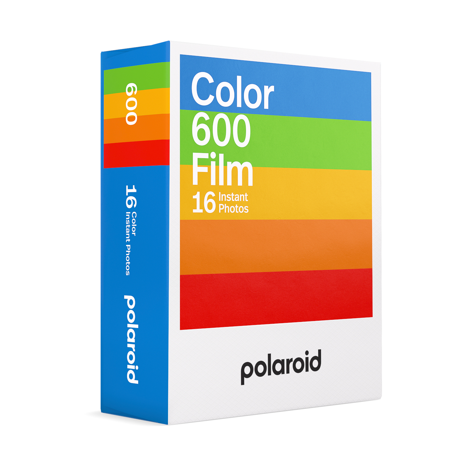 Polaroid Color 600 Film box with colorful stripes and Polaroid logo.