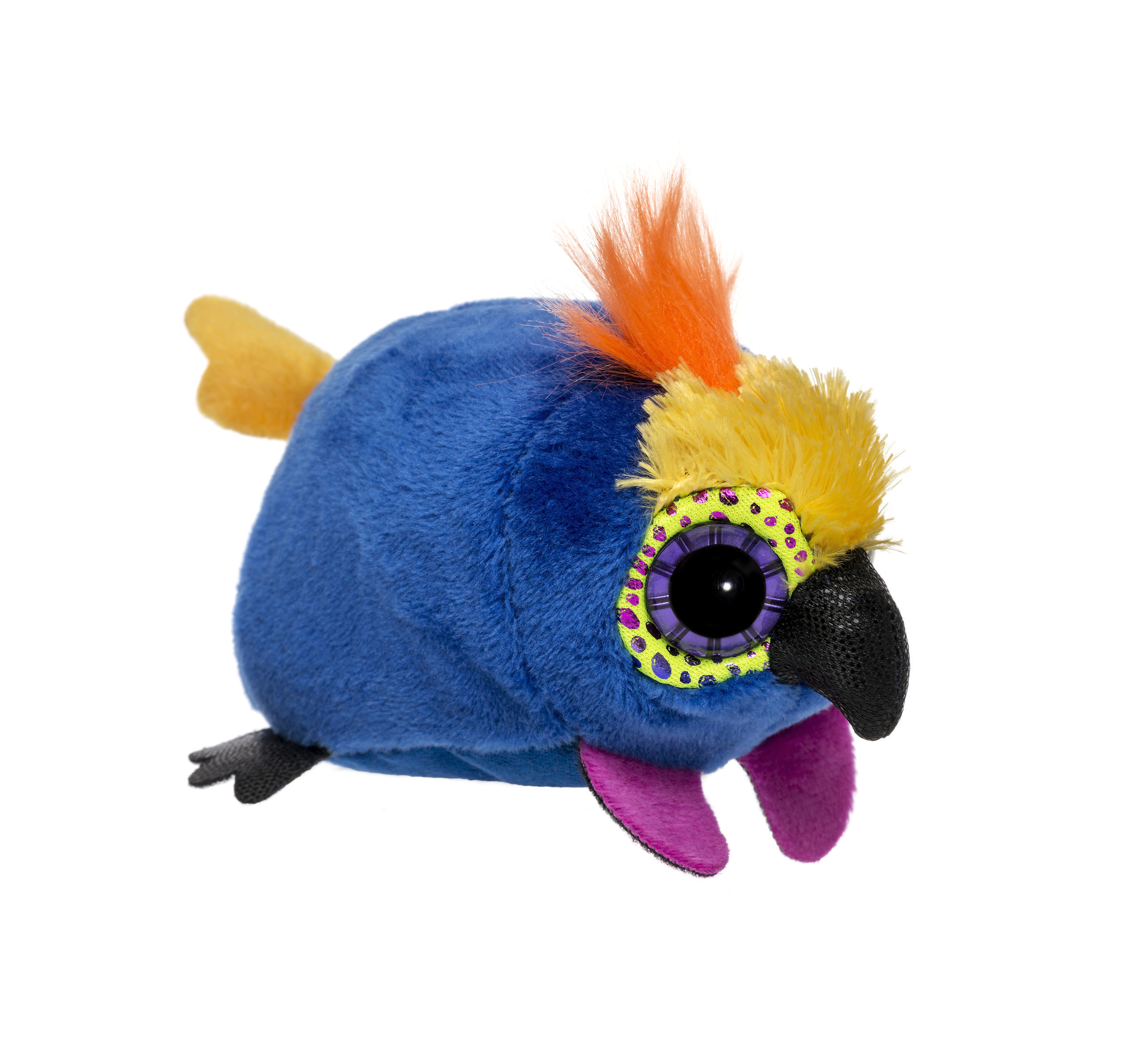 Ein blaues Plüschvogel-Spielzeug mit orangefarbenen und gelben Akzenten.