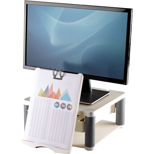 A computer monitor on a stand, a clipboard with graphs in front. Screen shows a blue gradient, stand is gray with black legs.