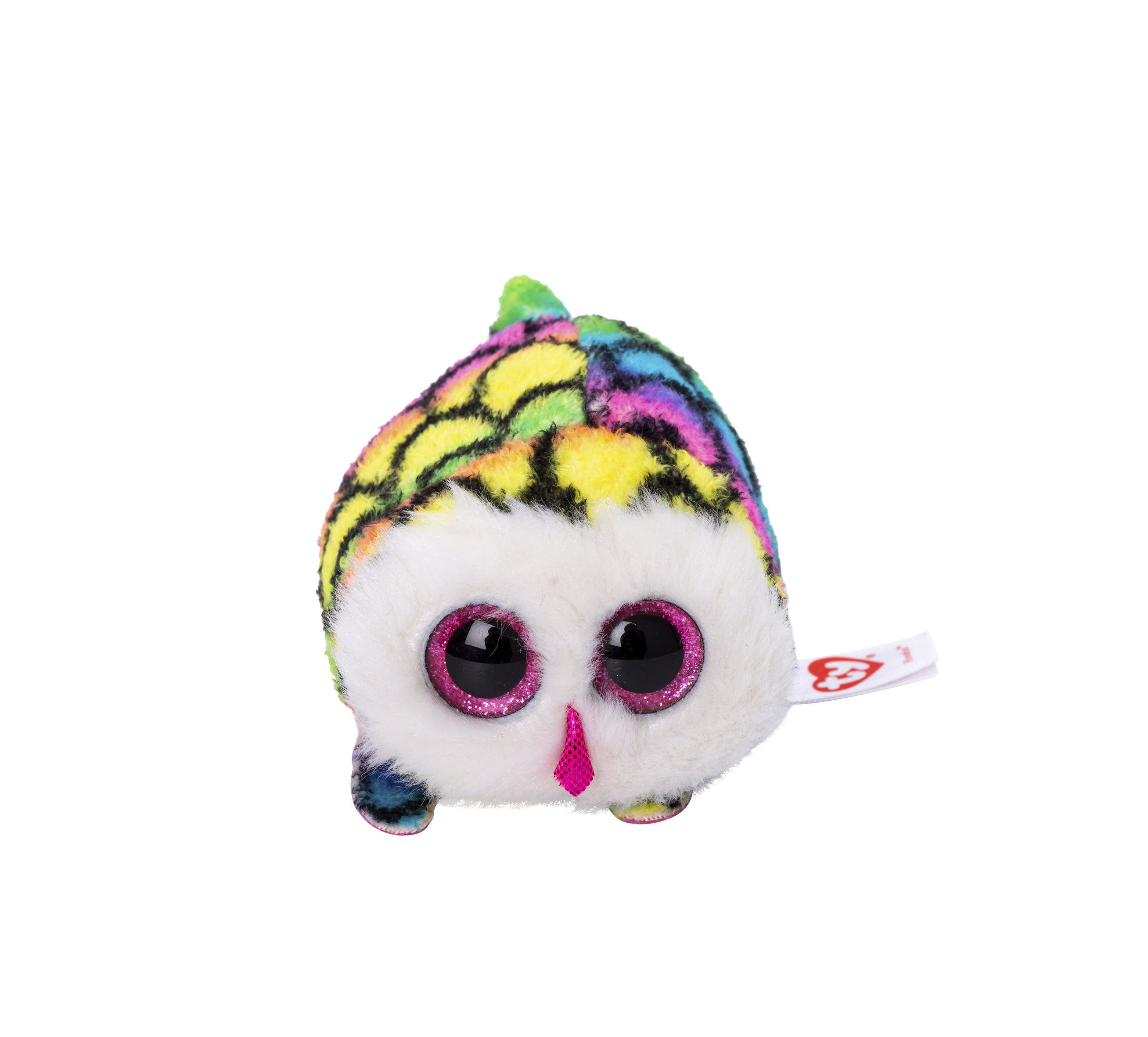 Bunter Stoffvogel mit großen Glitzeraugen und einem weißen Bauch.