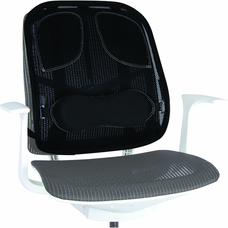 An office chair with a black mesh back and a gray seat.