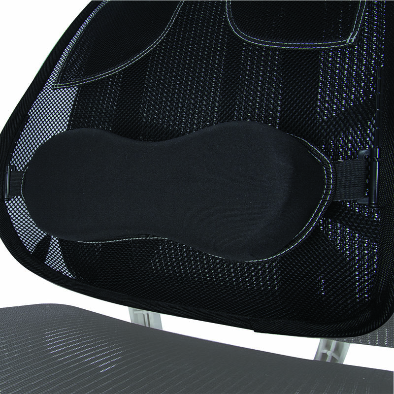 Black mesh back support with a black pillow and a metal frame.