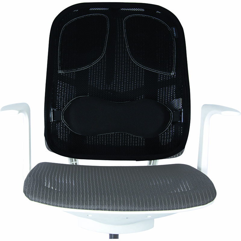 Office chair back and seat, with black mesh back and gray mesh seat, white armrests.