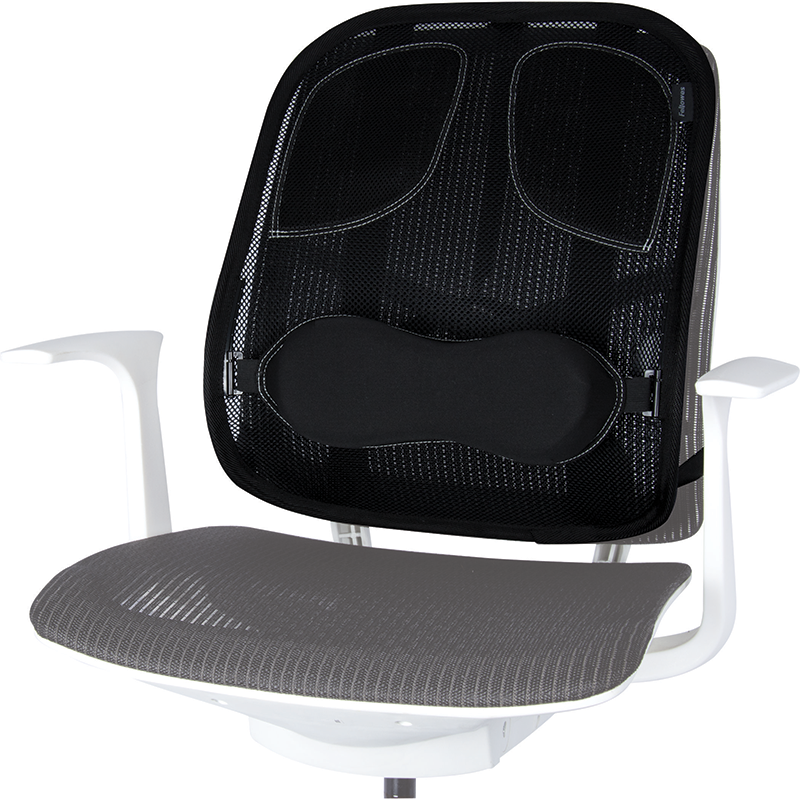 Black mesh back support on a white chair with gray seat.