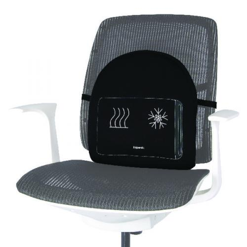 A black back support cushion on a gray office chair, with heat and cold symbols.