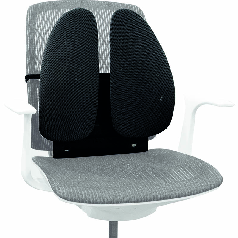 An ergonomic office chair with a black back support attached.