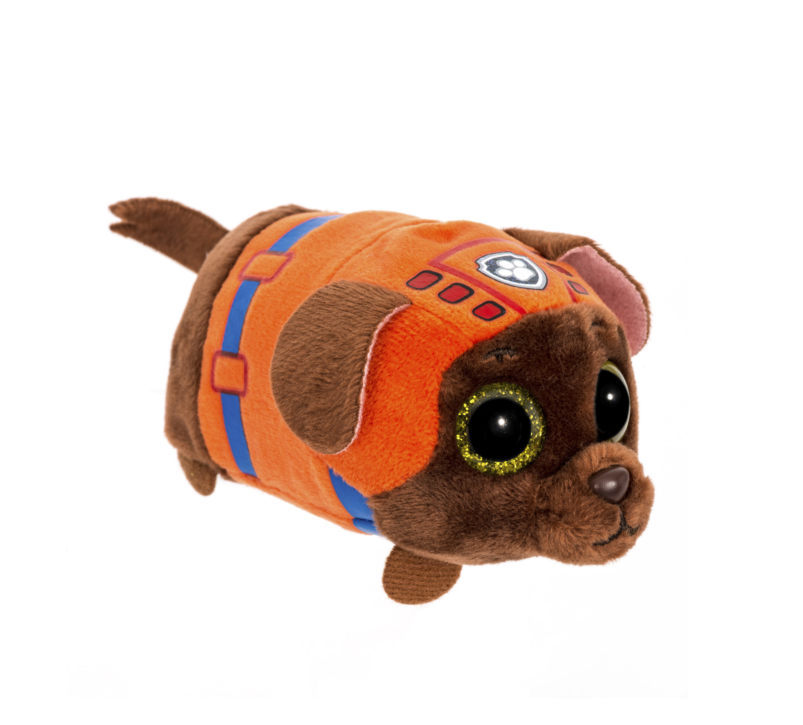 Ein braunes Hundekuscheltier mit einer orangenen Schwimmweste, weißer Hintergrund.