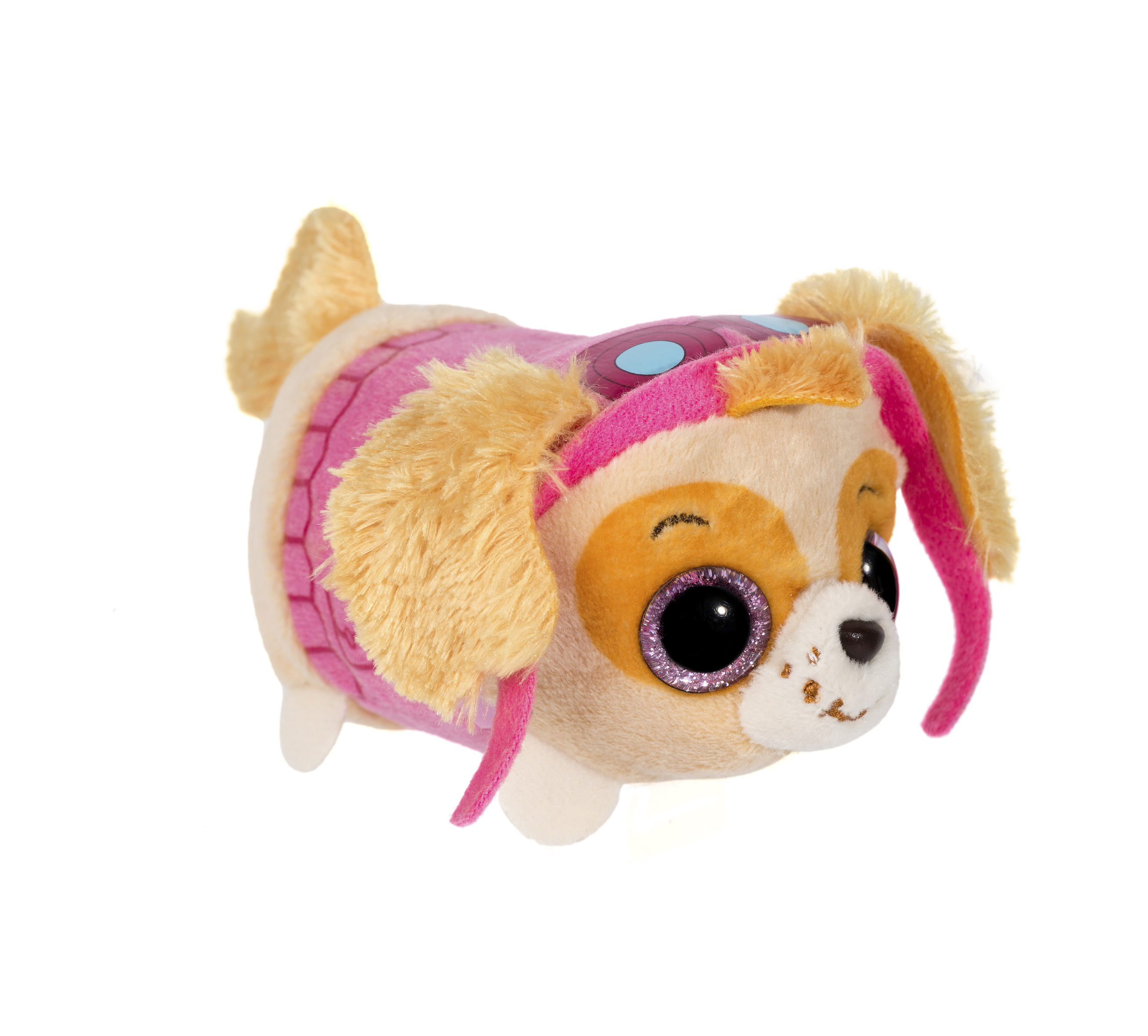 Ein Stofftier-Hundespielzeug. Es ist weiß, rosa und gold mit großen Glitzeraugen.