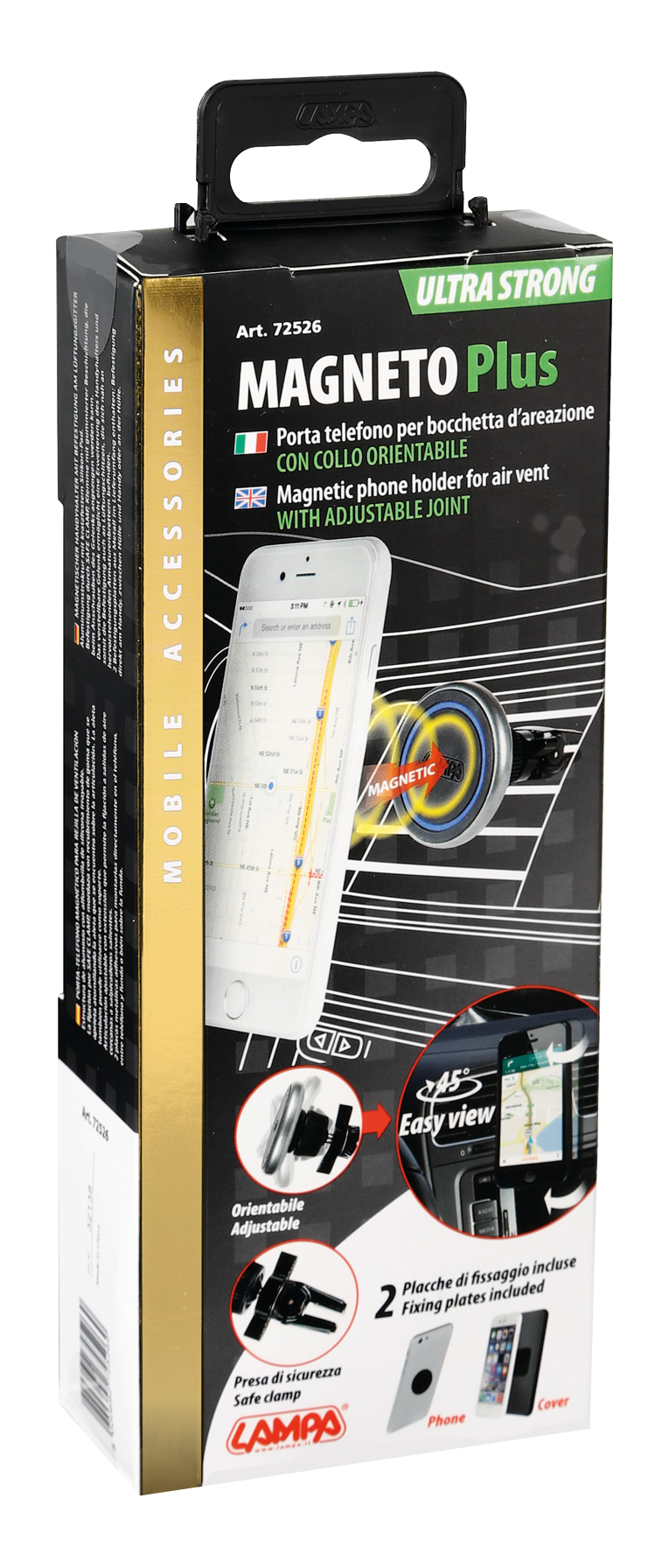Egy telefontartó doboz, amelyen egy telefon GPS térképet és egy autó belső terét mutatja.