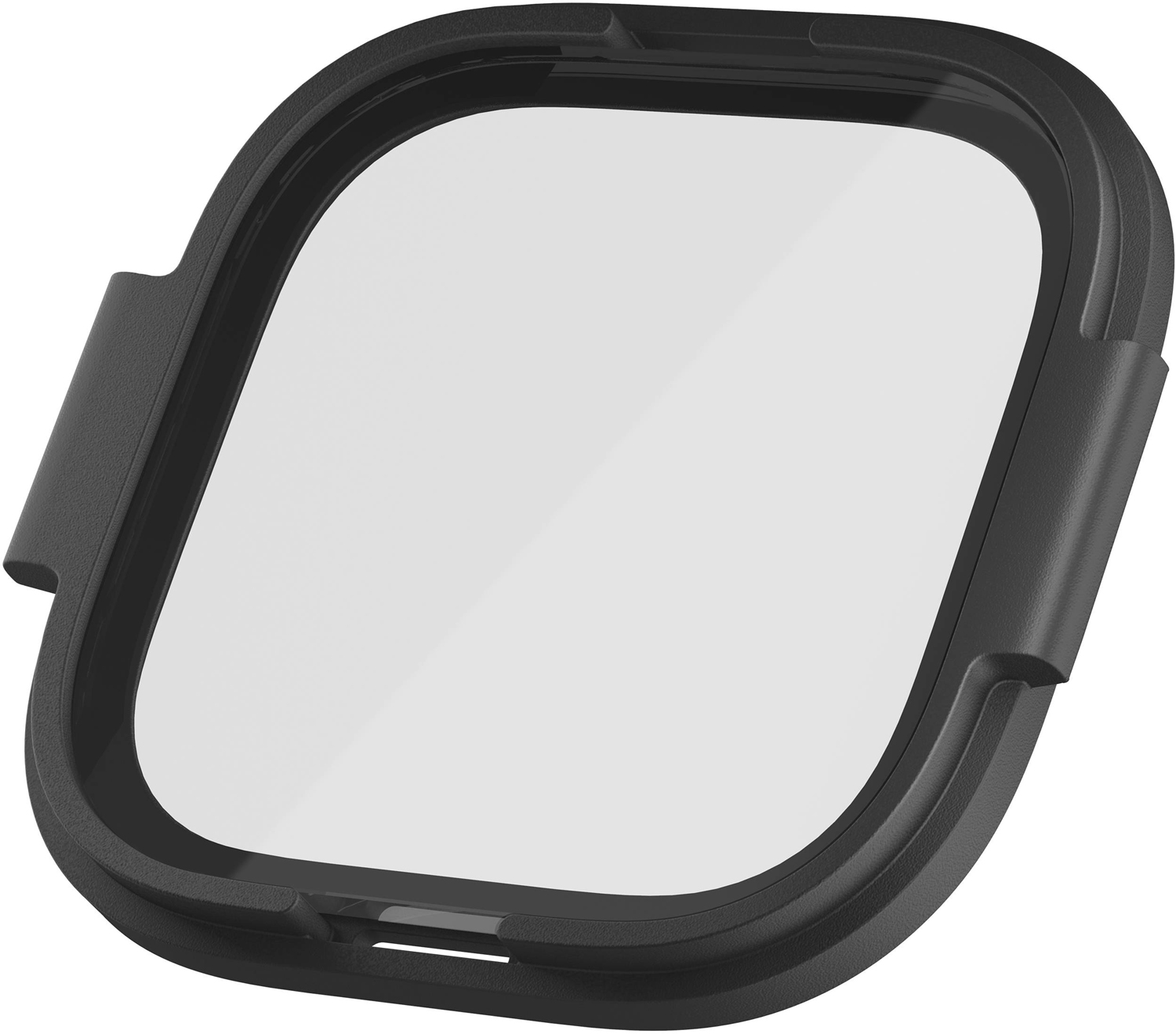 Een vierkante zwarte cameralensbeschermer met een helder glazen midden.
