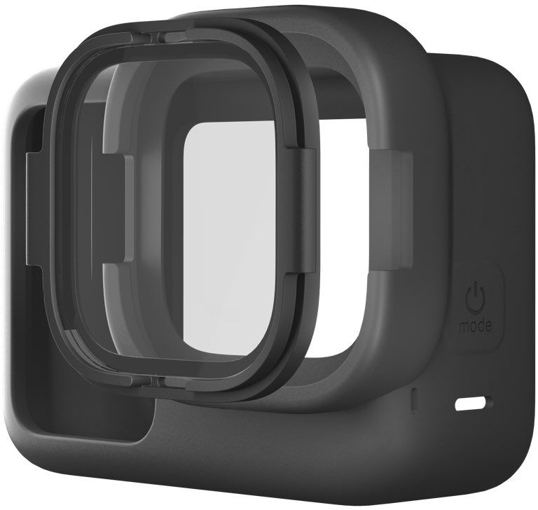 Zwart actiecamera frame en hoes met een doorzichtige cover. Zijaanzicht.