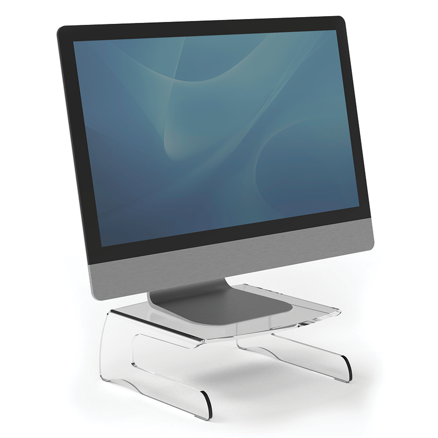 A computer monitor on a clear stand. The background is white.