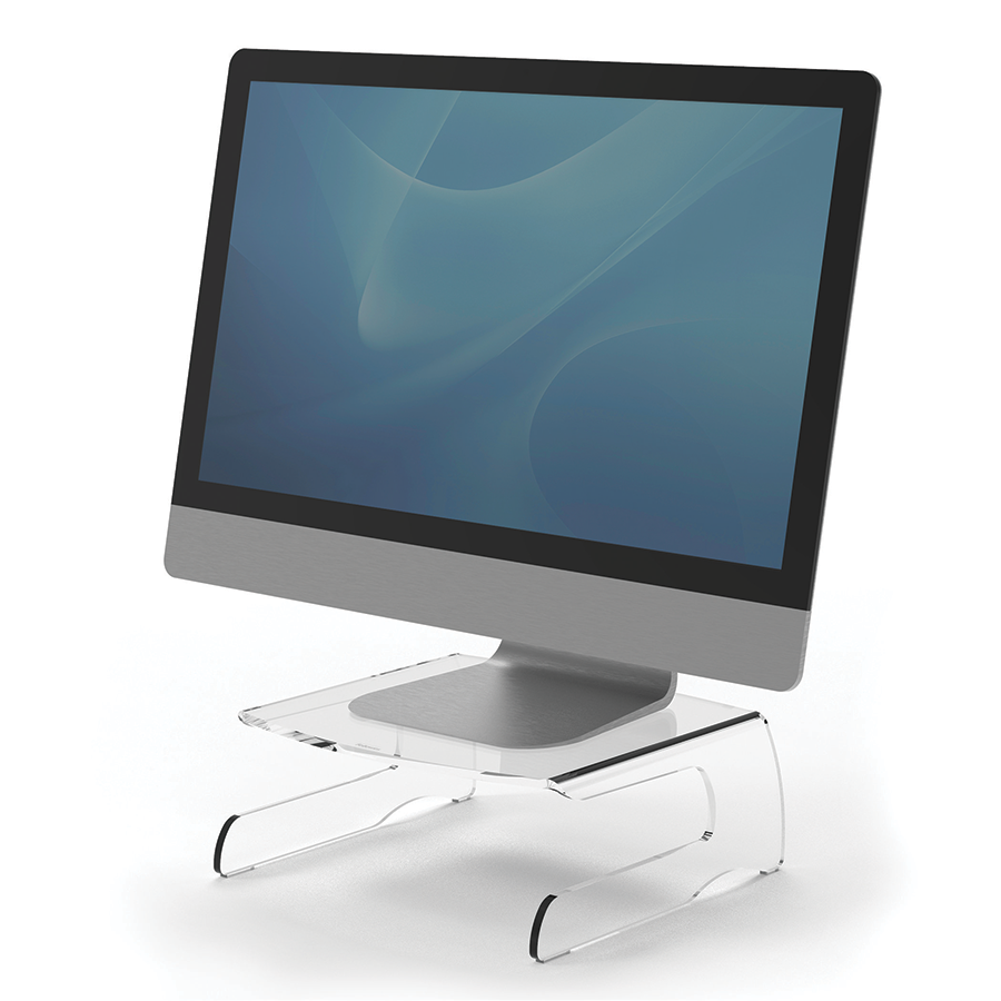 A computer monitor on a transparent elevated stand.