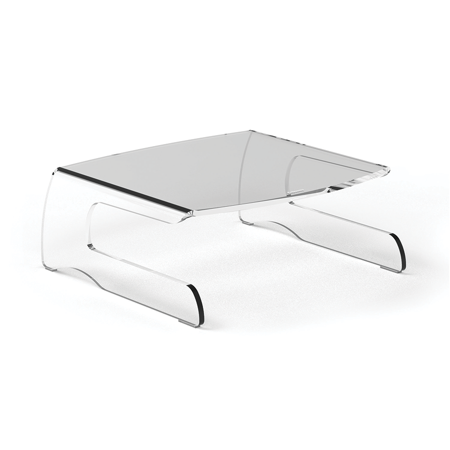 Clear acrylic table with a square top and curved legs, isolated on white background, minimalist design.