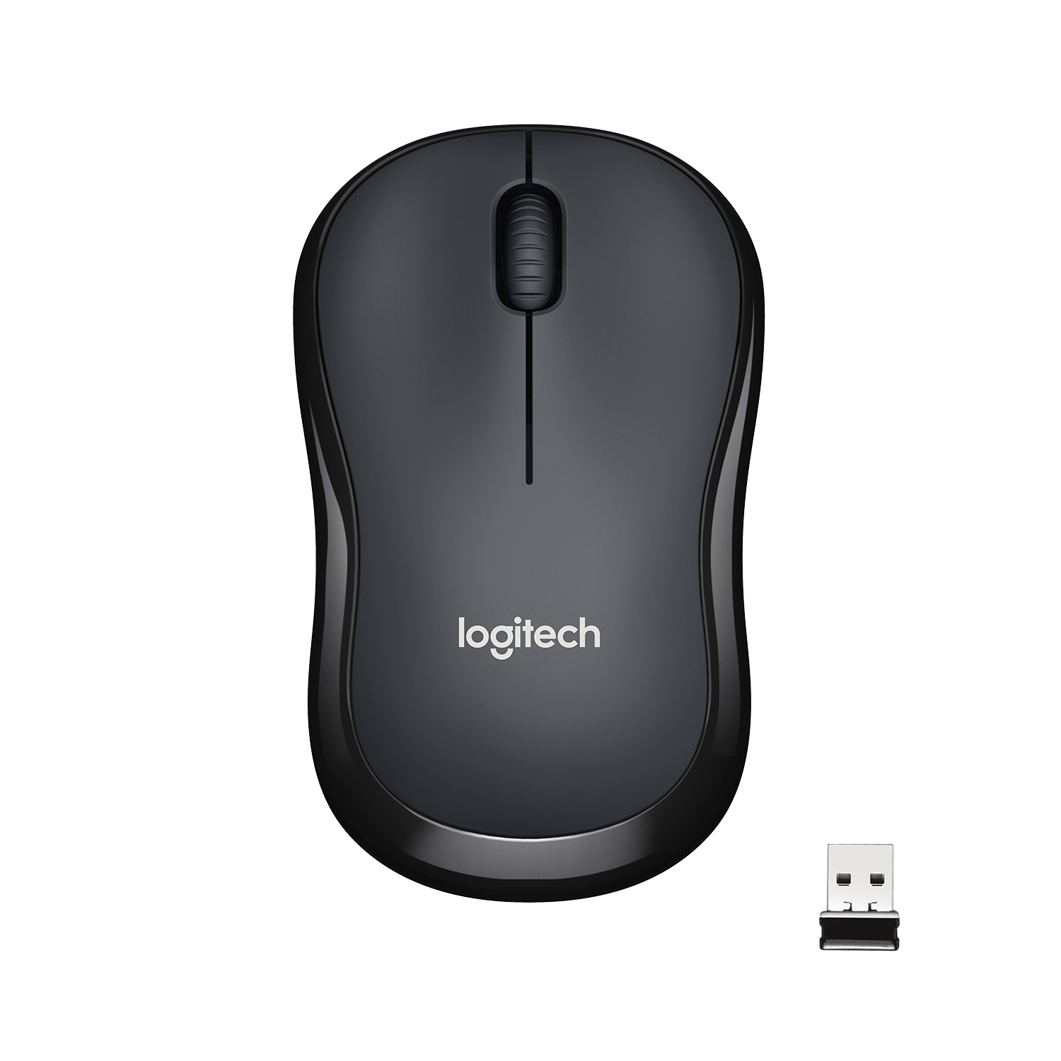 Beyaz arka plan üzerinde siyah Logitech kablosuz fare ve USB alıcısı.
