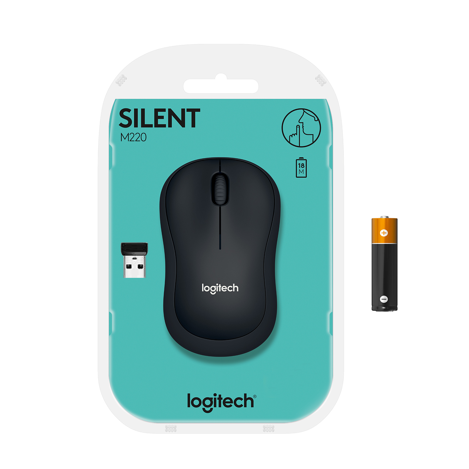 Ambalajında siyah Logitech M220 sessiz fare. Pil ve USB alıcısı da gösteriliyor.